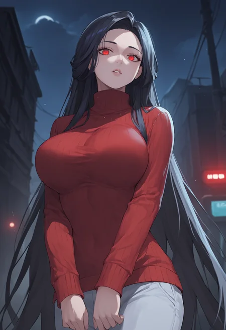 score_9, score_8_up, score_7_up, source_anime BREAK 1girl, solo, <lora:maiden-nikke-richy-v1_pdxl:1> mdnrnd, red eyes, black hair, very long hair, large breasts, turtleneck sweater, red sweater, outdoors, dark, darkness, night, night sky, black background, looking at viewer, parted lips, science fiction, post-apocalypse,
