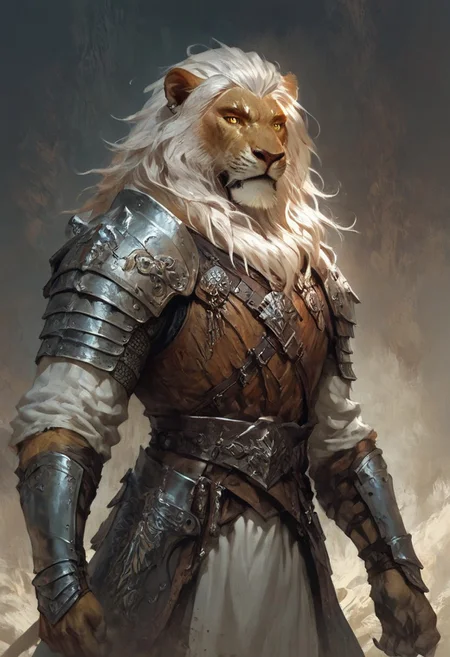 score_9, score_8_up, score_7_up, (Scar), (Leonin), (Sabertooth), (werelion), (Lion), simple bright background, yellow glowing eyes, (palladin), (holy), (crusader), (massive), (hulking), male, 1man, solo, (medieval outfit), (vigilant), (religious), (ginger), (white medieval armour), standing up straight, calm face, (ginger fur), (white hair), (white lion mane), (white mane), long hair, closed mouth, cowboy shot