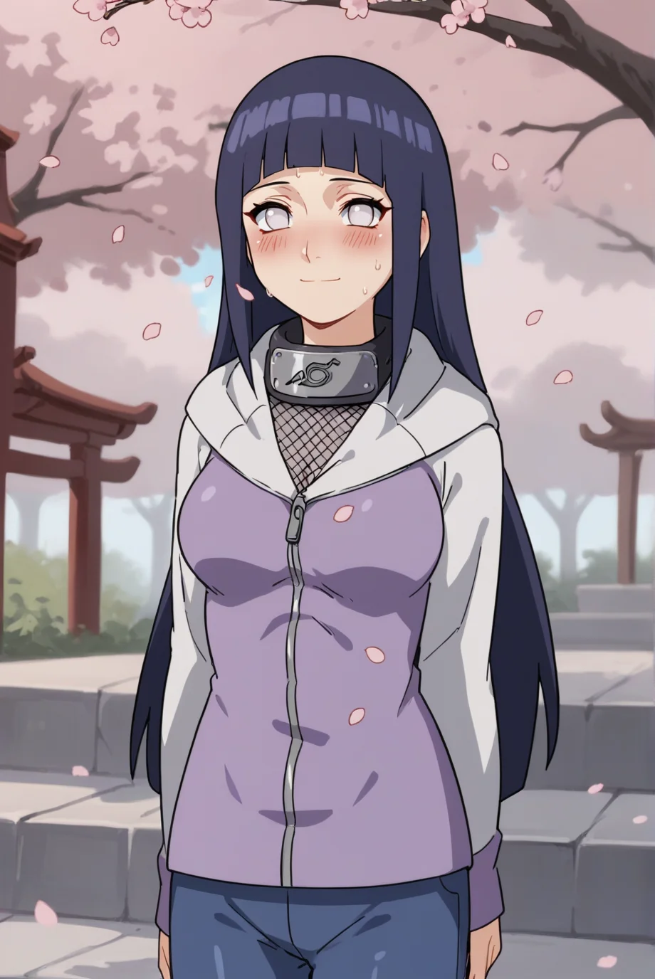 score_9, score_8_up, score_7_up, score_6_up, score_5_up, score_4_up, BREAK source_anime, 1girl, solo,
<lora:HinataShippudenXL-v1-07:0.7>, ChopioHinataBoruto, purple hair, shiny hair, blunt bangs, sidelocks, no pupils, white eyes, looking at viewer,
[medium breasts : large breasts: 10],
long hair, straight hair,
outfit_1, multicolored jacket, zipper, hooded jacket, hood down, forehead protector, fishnet top, long sleeves, sleeves past wrists, blue pants, bandages,
cherry blossoms, falling petals, sweat, sweatdrop, shiny skin, arms behind back, holding own arm, blush, smile,