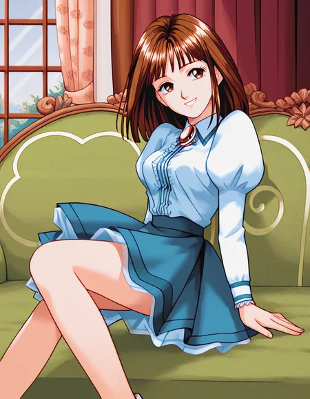 score_9, score_8_up, score_7_up, source_anime, masterpiece, high quality, 1girl,
<lora:ShirakawaReiko_Pony_v01:1> shirakawareiko, brown hair, brown eyes, shirt, puffy sleeves, brooch, skirt, shoes,
smile, head tilt, medium breasts,
couch,