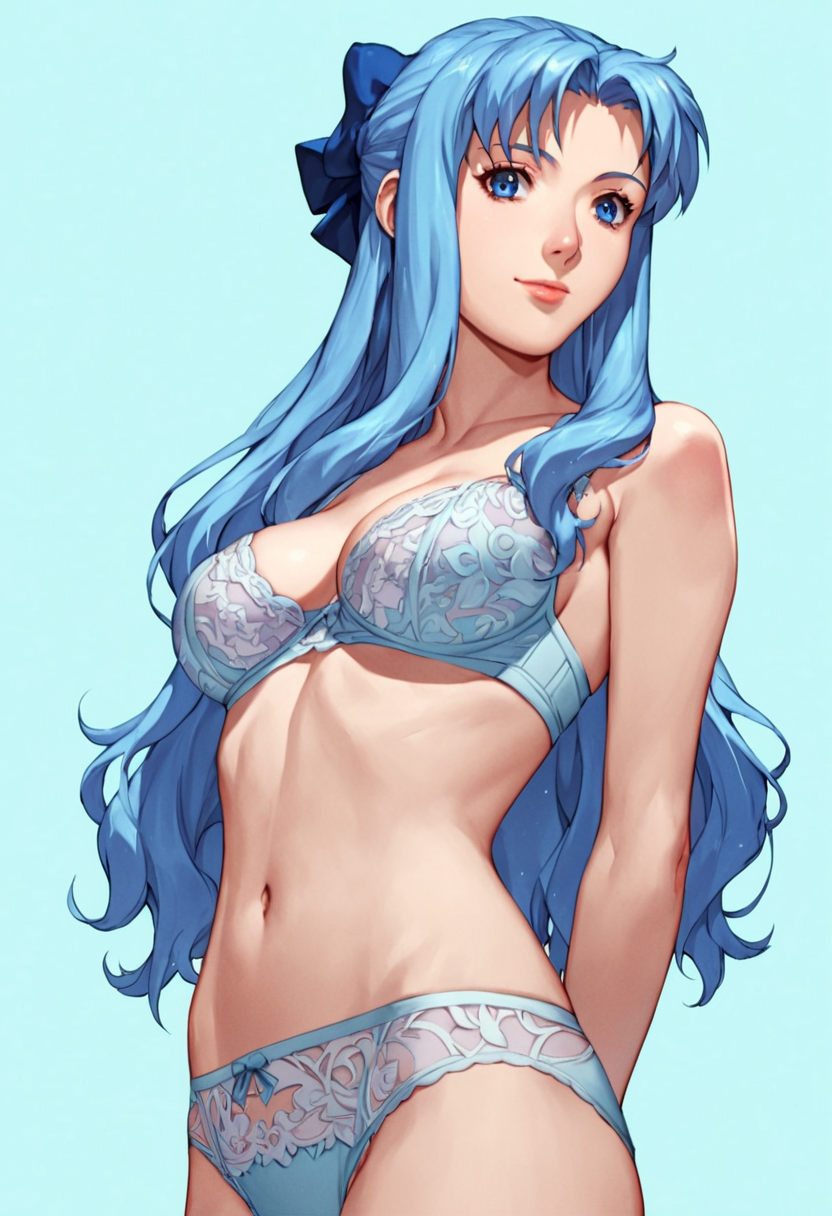 score_9, score_8_up, score_7_up, score_6_up, 1girl, solo,  Sylia_Stingray, blue hair, blue eyes, long hair, half updo, hair bow, lacy bra, lacy panties, detailed eyes, perfect face, perfect eyes, sexy, sexy girl, beautiful eyes, petite body, medium breasts, standing, arms behind back, posing, light smile, simple background, from below, dynamic angle,