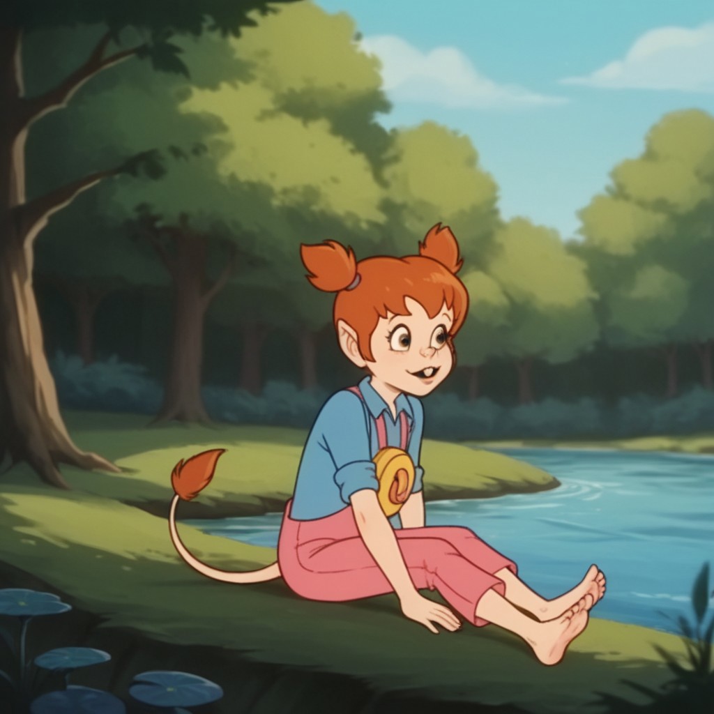 score_9, score_8_up, score_7_up, score_6_up, score_5_up, score_4_up, source_furry,  lucytl, female, red hair, mouse tail, tail tuft, buck teeth, mouse ears, short twintails, pink overalls, blue shirt, barefoot, sitting, next to a stream, feet in water, in the forest,
