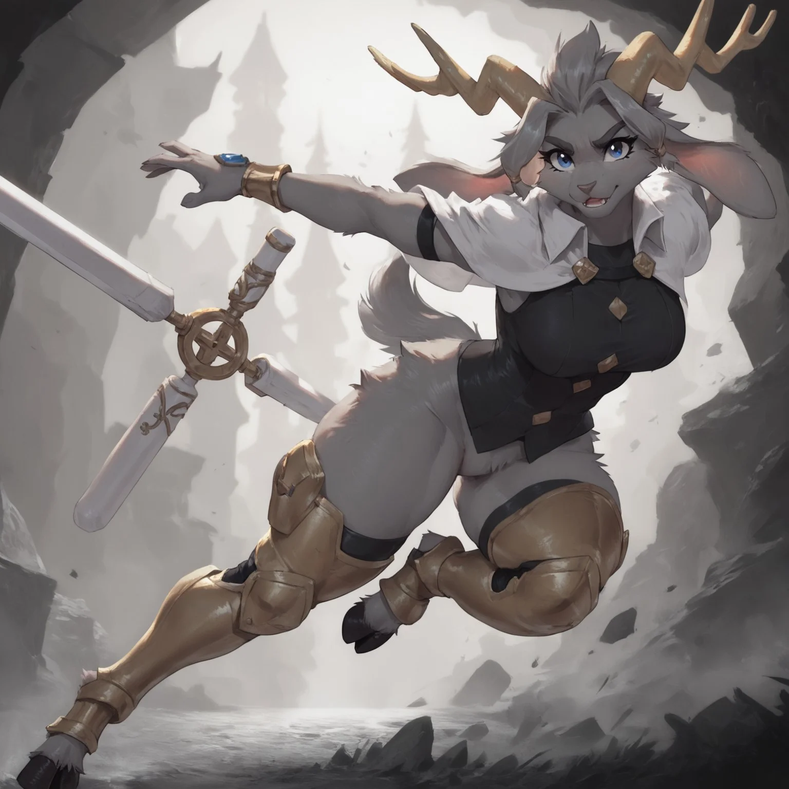 score_9, score_8_up, score_7_up, ultra quality, concept art, detailed, 1girl, SybilXl, anthro, grey fur, antlers, floppy ears, animal nose, blue eyes, sidelocks, grey hair, black vest, sleeveless, shoulder cape, breasts, leg armor, hooves, action pose, running, dream breaker, leaning forward, looking at viewer