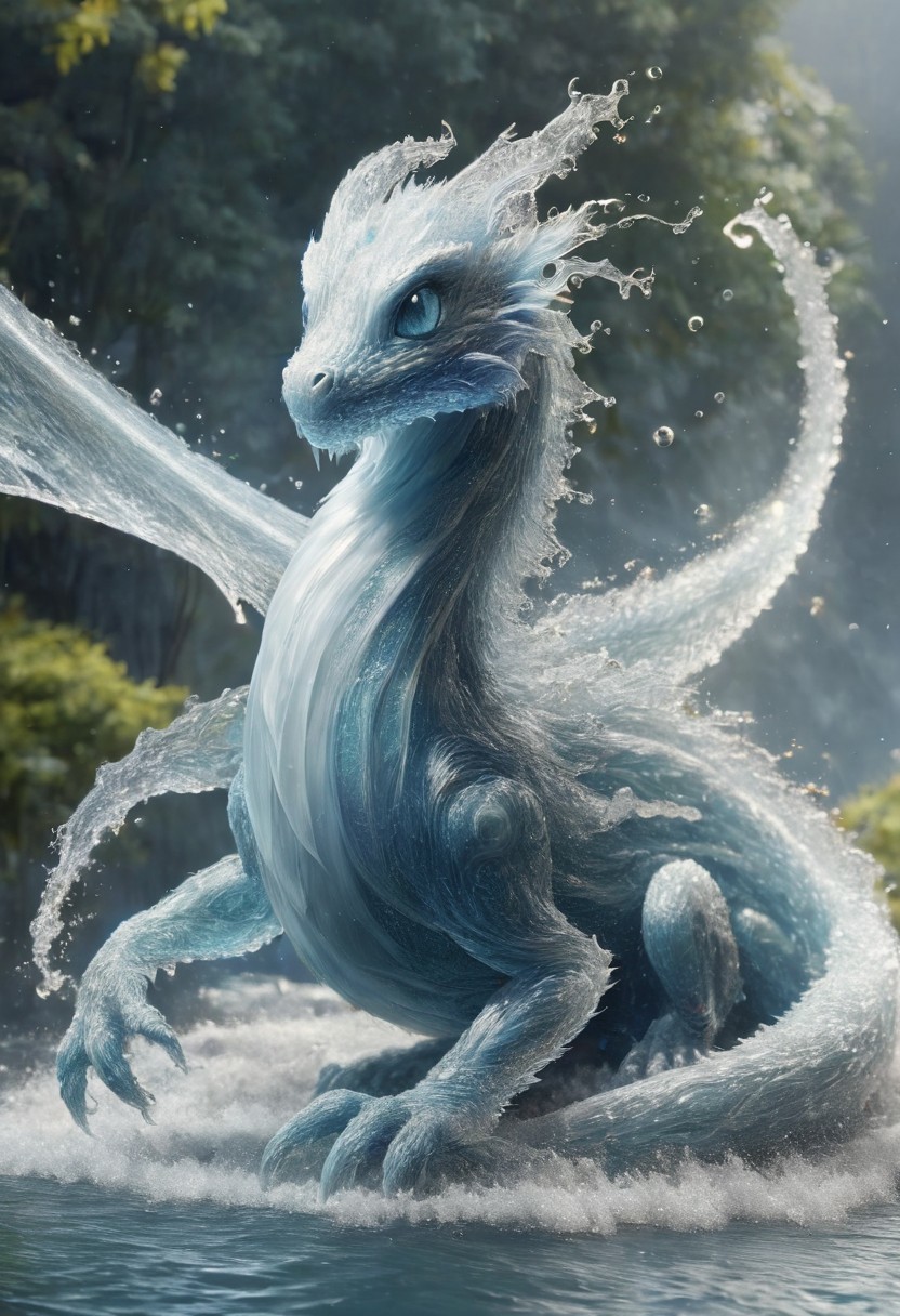 a water dragon, body made of water, tiny water dragon, cute., lovely,  hyperrealistic, fantasy, flying around, mischevious smile on face, bosstyle <lora:boss_battles:0.55>  , shallow depth of field