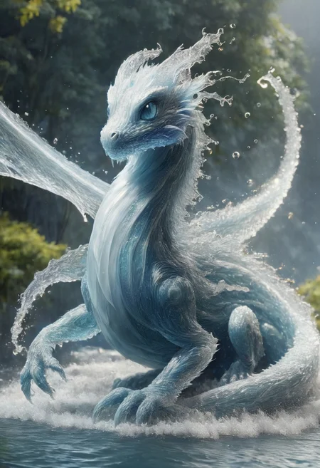 a water dragon, body made of water, tiny water dragon, cute., lovely,  hyperrealistic, fantasy, flying around, mischevious smile on face, bosstyle <lora:boss_battles:0.55>  , shallow depth of field
