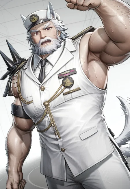 detailed face, detailed body, perfect hands, perfect anatomy, perfect eyes, masterpiece, high details, 5 fingers, best artwork, best quality, detailed background, BREAK. pnch_sls, endfieldstyle, 3D, hat, beard, facial hair, white hair, animal ears, necktie, uniform, old male, muscular, armpits, sweat, portrait, white background, looking at viewer, (dynamic pose:1.2), perspective, dutch angle, open mouth, tail wagging, low angle, arm hair,