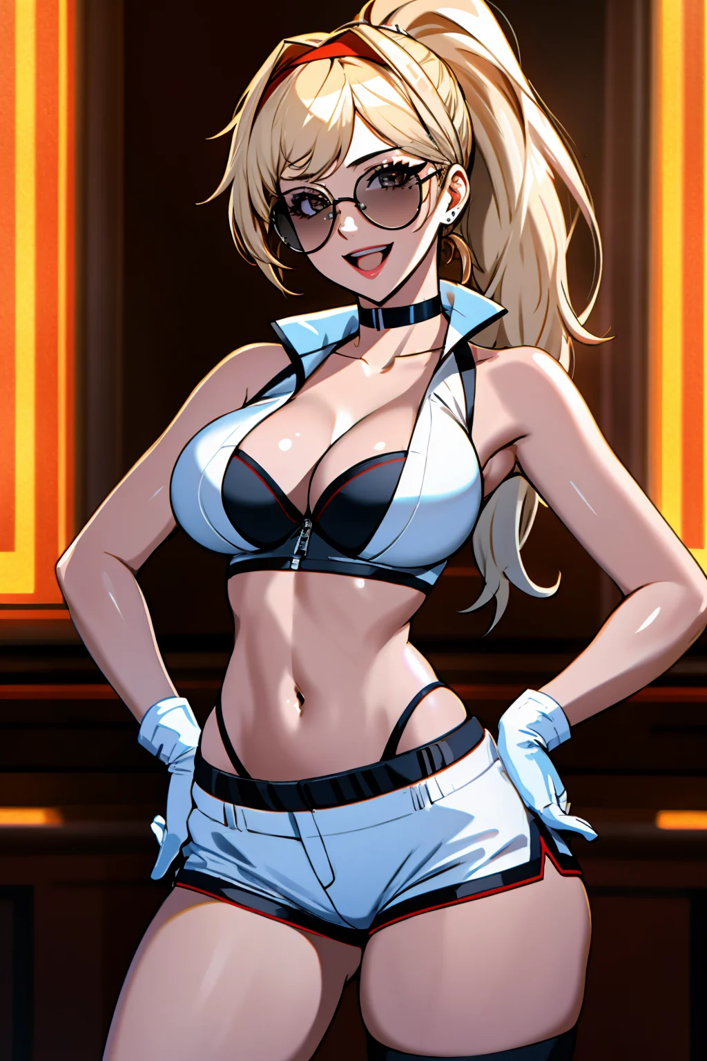 Masterpiece, absurdres,HDR,8k,excited,best quality, hands on hip
Blonde Nadia with sunglasses and a choker,
edgDPkei_woman,kei, 1girl, solo, breasts, looking at viewer, smile, ponytail, open mouth, large breasts, gloves, navel, cleavage,shorts, midriff, crop top, headband, wearing edgDPkei<lora:edgDPkei:0.85> <lora:Anime_Nadia:0.5>