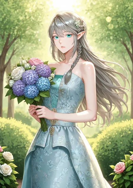 general, very awa, masterpiece, best quality, highres, absurdres, , ,eyesHD, high gradient eyes, detailed eyes, high definition eyes, ,
,
soft contrast,soft saturation, 1 girl, solo, elf, pointy ears, aqua eyes, grey hair, braid, side braid, french braid, hair bettween eyes, bangs, long hair,
floral print sleeveless strapless long tube dress,, flower, bouquet, holding bouquet, holding, pink flower, hydrangea, white flower, looking at viewer, outdoors, hair flower, purple flower, floating hair, rose, pink rose, day, lens flare, parted lips, blue flower, dutch angle, standing, white rose, yellow flower, bush, nature, breasts, closed mouth, sunlight, tree, leaf, blurry_background, depth_of_field, blurry_foreground,