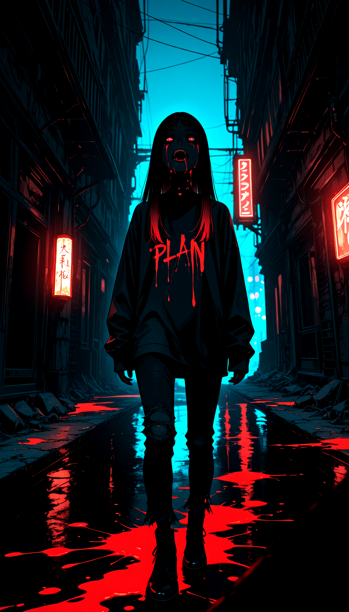 NLSTN, glowing, dark, masterpiece, best quality, 1girl, punk vampire, elongated sharp fangs, fresh blood splatter on lips and chin, smoldering gaze, dark smoky eye makeup, detailed facial features, (long straight hair),(black hair with neon highlights), wearing a (plain_white, long sleeve t-shirt:1.3), shirt un tucked, torn hem, sleeves past wrists, full_body_shot, angle shot, interesting composition, dynamic _pose, dynamic angle, downtown alleyway at night, dim neon lighting, gritty urban decay, film grain, high contrast, rich blacks, dramatic shadows, (shallow depth of field), subject focus, background out of focus, hyper-detailed texture, cinematic composition, 35mm photography, cinematic composition, <lora:NLSTN:0.6>