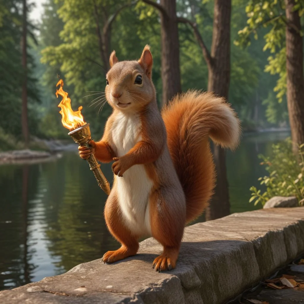 Photograph of a realistic squirrel holding the Olympic flame torch along a river lined with trees, realistic style, 8K, 5D canon, 50mm lens, 1.2, very detailed, realistic rendering, full body, lighting natural, a photograph, no defects, the overall composition is majestic, very beautiful realistic photo