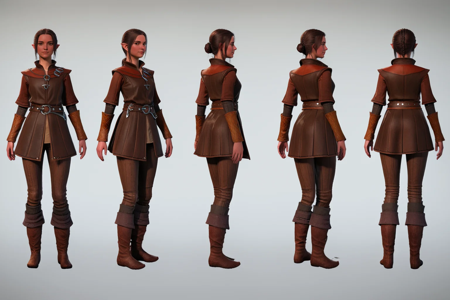 (VIEWS:0), full body character turnaround of 1girl, Multiple views of the same character in the same outfit, simple background, white background,
(theme:0), medieval, fantasy, Dungeon And Dragon,
(rank:0), female, fantasy character, brown attire, leather tunic, layered clothing, boots, leggings, fantasy belt with buckle, realistic texture, aged effect on leather,
<lora:bg3TurnXL_v1_pony:0.1>
<lora:Witcher3turn_v1_Pony:0.1>
<lora:medieval2turn_v1_Pony:0.1>
<lora:CharTurnXL_v4_Pony:0.1>
<lora:bg3TurnXL_v1:0.6>
<lora:Witcher3TurnXL_v1:0.1>
<lora:Medieval2TurnXL_v1:0.1>
<lora:CharTurnXLRetag_v4:0.1>