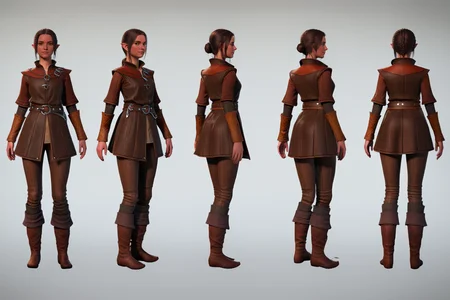 (VIEWS:0), full body character turnaround of 1girl, Multiple views of the same character in the same outfit, simple background, white background,
(theme:0), medieval, fantasy, Dungeon And Dragon,
(rank:0), female, fantasy character, brown attire, leather tunic, layered clothing, boots, leggings, fantasy belt with buckle, realistic texture, aged effect on leather,
<lora:bg3TurnXL_v1_pony:0.1>
<lora:Witcher3turn_v1_Pony:0.1>
<lora:medieval2turn_v1_Pony:0.1>
<lora:CharTurnXL_v4_Pony:0.1>
<lora:bg3TurnXL_v1:0.6>
<lora:Witcher3TurnXL_v1:0.1>
<lora:Medieval2TurnXL_v1:0.1>
<lora:CharTurnXLRetag_v4:0.1>