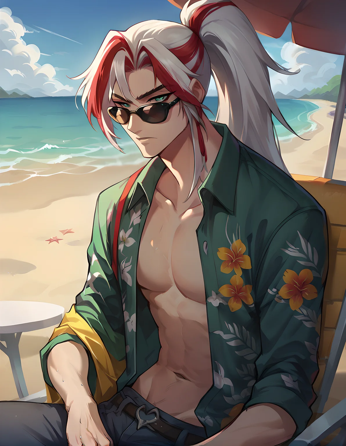 score_9, score_8_up, score_7_up, hs yone, long hair, green eyes, ponytail, white hair, male focus, red hair, 1boy, solo, streaked hair, <lora:Heartsteel_Yone_v1:0.85>, ( cowboy shot), beach, ocean, Hawaiian shirt, open clothes, sunny, sitting, chaise lounge, sunglasses
