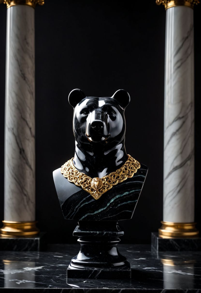 Fujifilm XT3, Sony A7 IV, (award winning photography) a (black: 0.79) marble simple (stylized: 1.49) (anthropomorphic bear) bust statue made of opal (Kintsugi: 0.89) set on a pedestal in temple, glistening. in the background beautiful pillars, divine (iridescent: 0.79), opalescent textures, volumetric light, ethereal, sparkling, studio photo, highly detailed, sharp focus (highest quality: 1.39) (highest coherency: 1.39) (award winning photography), highly detailed photography, (muted colors, cinematic, dim colors, soothing tones:1.2), vibrant, insanely detailed, hyperdetailed, (dark shot:1.2), (vsco:0.3), (intricate details:0.9), (hdr, hyperdetailed:1.2) (vignette), sss, raw photo, fijifilm, kodak, cinematic film grain, mesopotamian, babylonian