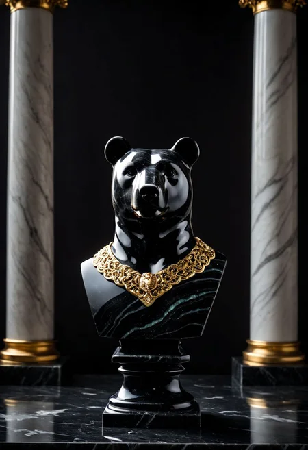 Fujifilm XT3, Sony A7 IV, (award winning photography) a (black: 0.79) marble simple (stylized: 1.49) (anthropomorphic bear) bust statue made of opal (Kintsugi: 0.89) set on a pedestal in temple, glistening. in the background beautiful pillars, divine (iridescent: 0.79), opalescent textures, volumetric light, ethereal, sparkling, studio photo, highly detailed, sharp focus (highest quality: 1.39) (highest coherency: 1.39) (award winning photography), highly detailed photography, (muted colors, cinematic, dim colors, soothing tones:1.2), vibrant, insanely detailed, hyperdetailed, (dark shot:1.2), (vsco:0.3), (intricate details:0.9), (hdr, hyperdetailed:1.2) (vignette), sss, raw photo, fijifilm, kodak, cinematic film grain, mesopotamian, babylonian