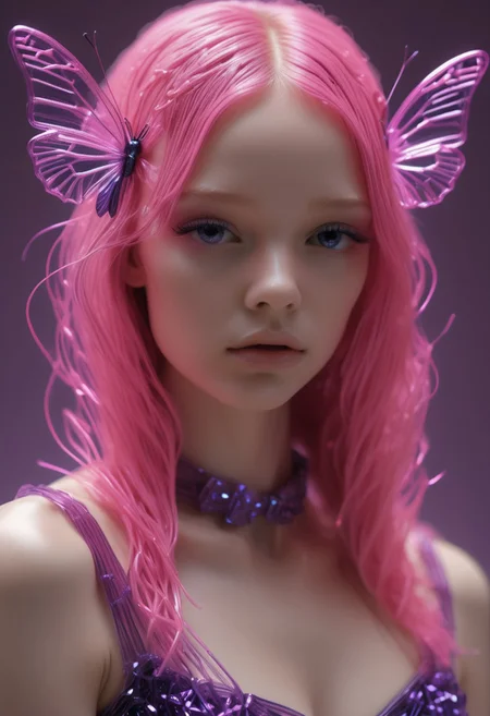 (Theme: Draconic Crystals). masterpiece, newest,absurdres,incredibly absurdres, 1girl, CivChan, solo, bug, butterfly, purple eyes, pink hair, maid uniform, looking at viewer, long hair, purple theme, eyelashes, flower, snowflakes look like crystals, dark_theme,abstract background,
depth of field, (butterflies made of tiny neon glass filaments)