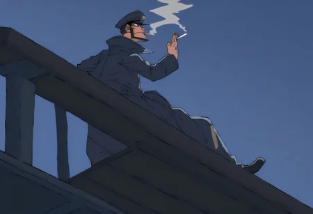 A man in a greatcoat sits on a bench on a abadoned railway platform and smokes a cigarette, looking up at the sky on a cold November night (full color)