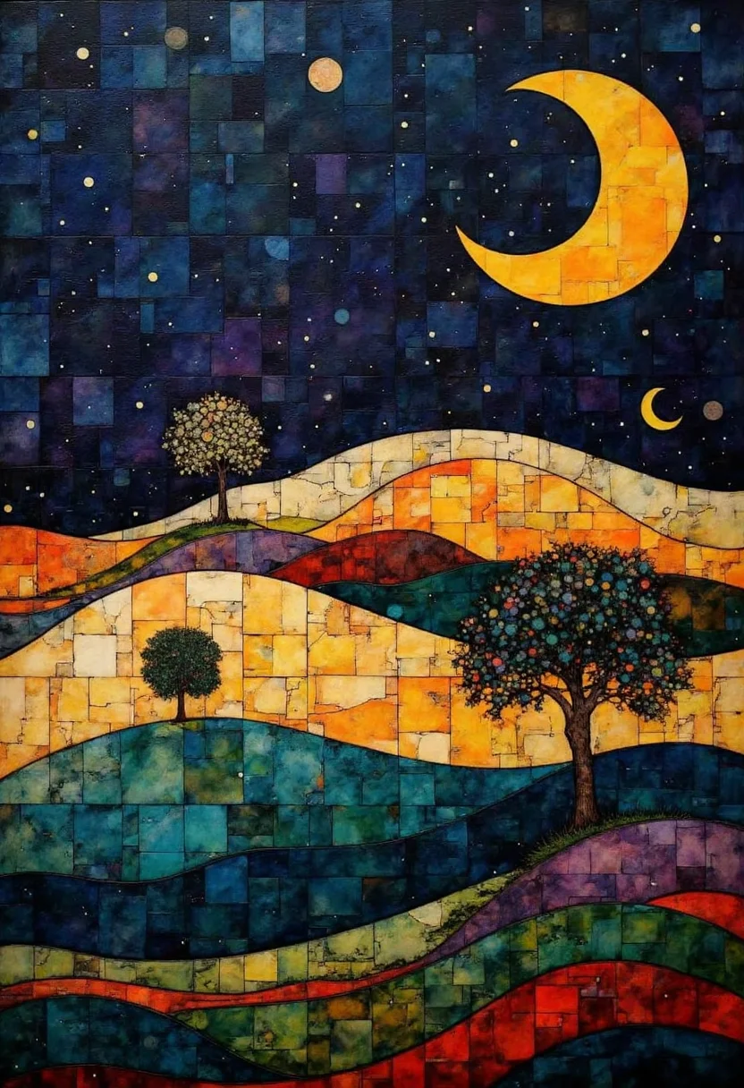 A digital painting depicting a surreal, whimsical landscape under a starry night sky. The scene is dominated by rolling hills and valleys, each section painted in vibrant, swirling patterns. The hills are colored in warm hues of yellow, orange, and red, transitioning into cooler tones of green and blue as they descend. The night sky is a deep navy blue, speckled with numerous small, twinkling stars, creating a sense of depth and vastness.
In the foreground, a single tree stands prominently on the left side of the image, its trunk and branches painted in dark brown. To the right, a second tree is slightly smaller and less defined. Both trees are positioned on the edge of a grassy patch that blends seamlessly into the colorful hills.
The sky is adorned with a large, bright yellow crescent moon on the right side, adding a sense of mystery and wonder. Two smaller, crescent moons are also visible, one above the larger moon and another near the horizon, enhancing the celestial theme. The overall texture of the artwork is smooth and fluid, with a slightly abstract, mosaic-like quality due to the use of different colored squares that form the landscape.