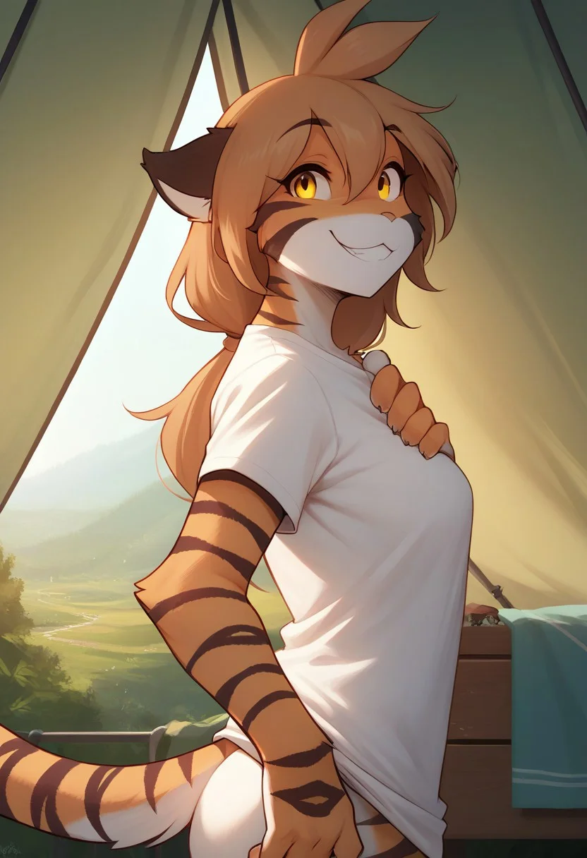 score_9, score_8_up, score_7_up, score_6_up, source_anime, 1girl, tkflora, tiger, striped fur, keidran, yellow eyes, anthro, happy, smile, pulling shirt up, lifting shirt, shirt over head, white shirt, in tent, bed roll, view from side, looking at viewer