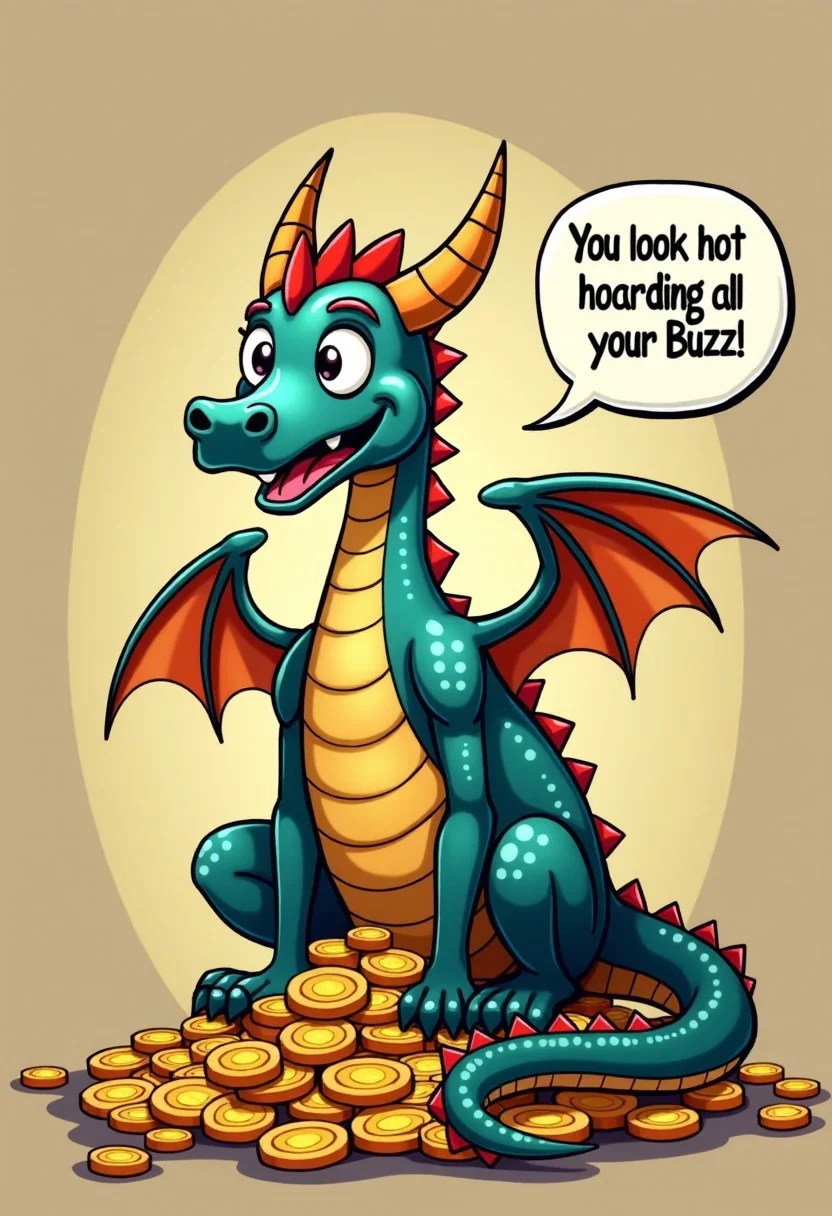 high quality, A funny dragon sitting on a pile of gold coin, with a speech bubble saying "You look hot hoarding all your Buzz!"