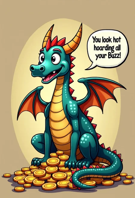 high quality, A funny dragon sitting on a pile of gold coin, with a speech bubble saying "You look hot hoarding all your Buzz!"