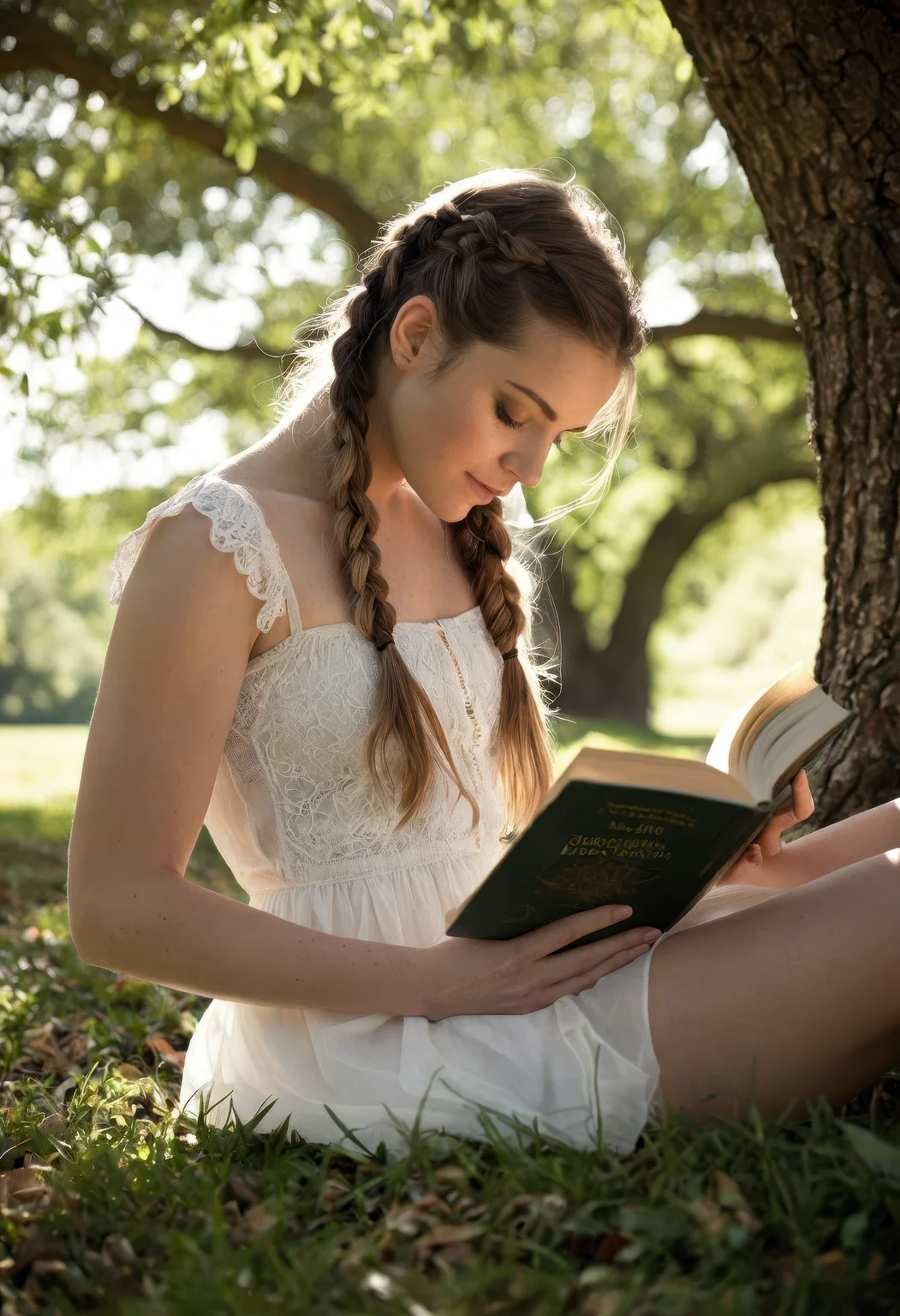 sdxl_simonejoruk, reading a fairy tale book under a tree, flowing white skirt and braided hair, sunlight filtering through the leaves, dreamy and innocent ambiance, shallow depth of field