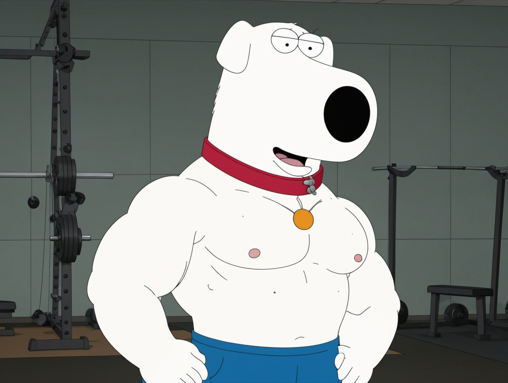 (masterpiece,best quality, high quality:1.2),highres,
brian griffin,solo,dog,collar,(bodybuilder,muscular,large pectorals, abs:1.5),flexing,smile,narrowed eyes,
gym background,
<lora:brian_griffin_sdxl_v1:0.6>