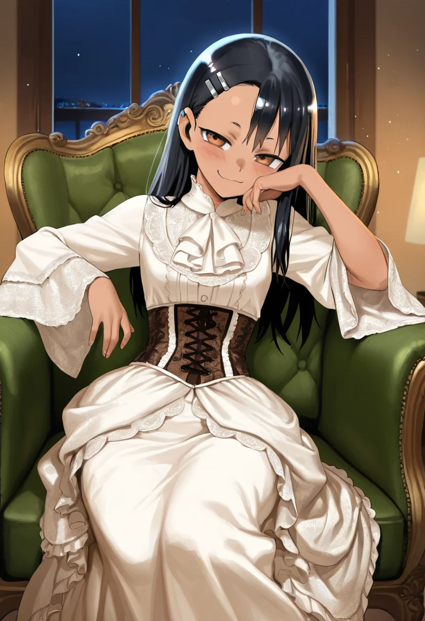 nagatoro, masterpiece, best quality, amazing quality, ultra detailed, solo, 1girl, adult, long dress, wide sleeves, ornate dress, corset, victorian dress, sitting, armchair, brocade, reclining, leaning on side, chin down proud, indoors, night, particles, cowboy shot,