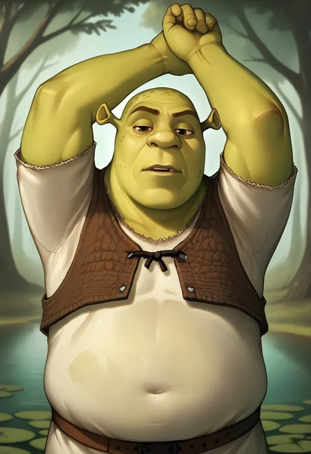 score_9, score_7_up BREAK male focus,swamp, shrek, green skin,upper body,stretching <lora:fumio_pd:1> <lora:Shrek_XLPD:0.7>