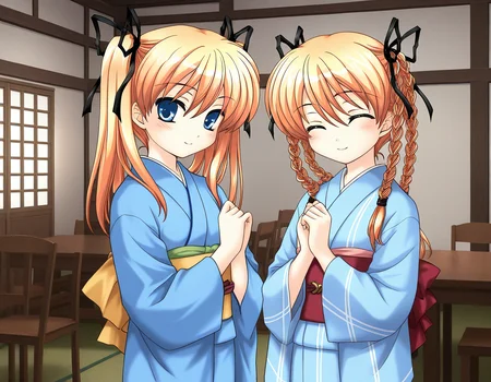 general,highres, ultra-detailed,very aesthetic,best quality ,best hands, BREAK <lora:Itsukiï¼Imi_IS:1>ãItsukiï¼Imi,
multiple girls, 2girls, japanese clothes, blue kimono, braid, siblings, twin braids, twintails, closed eyes, ribbon, yukata, long sleeves, blue kimono, sash, smile, obi, blush, own hands together short stack, looking at viewer, cowboy_Shot, room, chair, red carpetm