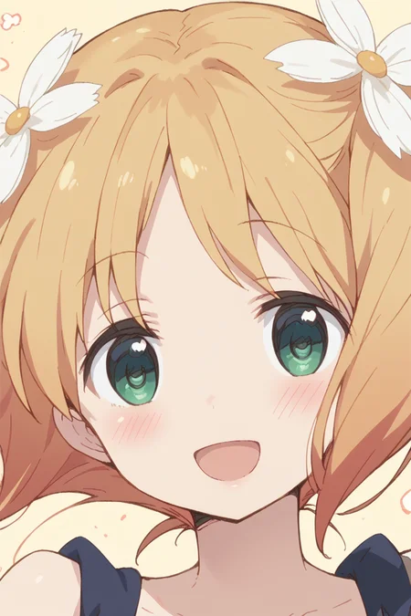 score_9, score_8_up, score_7_up, score_6_up,
<lora:Yuu_Sonoda:1> yuu, 1girl, hair ornament, hair flower, solo, flower, open mouth, smile, blonde hair, blush, parody, green eyes, :d, close-up, style parody, looking at viewer