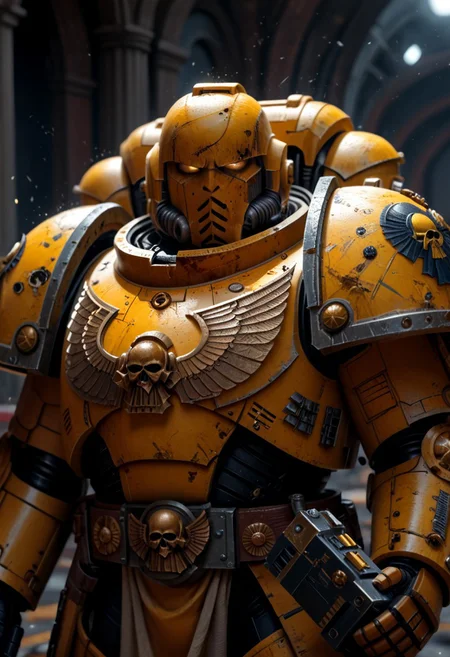 Prompt: Score_9_up, absurdres, source: Gamesworkshop, the Imperial Fists Astartes chapter, muscular rugged cleanshaven men in Yellow armor and astartes helmets wielding heavy bolters, best quality, expressive eyes, perfect face, perfect anatomy, highly detailed, perfect hands, Warhammer 40K, space marine, mantisdetailerse, adddetails, MOVIE STILL
FILM STILL
CINEMATIC
CINEMATIC SHOT
CINEMATIC LIGHTING, ImperialF40K