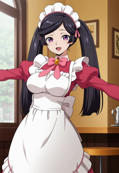 1girl,solo,mm,mature female,black hair,purple eyes,long hair,breasts,anime coloring,
twintails,maid,maid headdress,outstretched arms,spread arms, smile,open mouth, cafe, looking at viewer, cowboy shot,
,masterpiece,best quality,amazing quality,<lora:Sakuya_Sumeragi-Code_Geass-Dakkan_no_Rozé_IL:0.8>