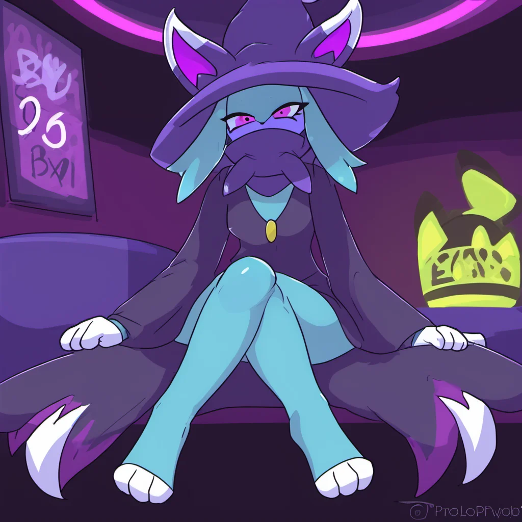 Katress,blue fur, purple clothing, black clothing, purple hat, witch hat, purple eyes, long sleeves,
feet, paws, solo,
sitting, night club,neon lights,
digital drawing,
<lora:Katress_basesdxl:1>
