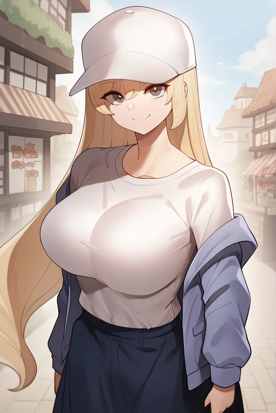 score_9, score_8_up, score_7_up, score_6_up, score_5_up, score_4_up, BREAK source_anime,
1girl, <lora:YejinXL-v1-05:1.0>, ChopioYejin, blonde hair, very long hair, grey eyes, (looking at viewer:1.3),
large breasts,
outdoors, town, shops, sunny,
cap, blue jacket, white shirt, shirt tucked in, dark blue skirt, miniskirt, smile,
