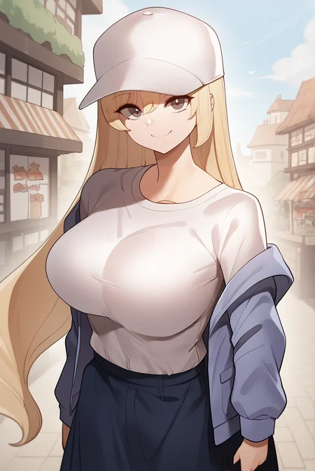 score_9, score_8_up, score_7_up, score_6_up, score_5_up, score_4_up, BREAK source_anime,
1girl, <lora:YejinXL-v1-05:1.0>, ChopioYejin, blonde hair, very long hair, grey eyes, (looking at viewer:1.3),
large breasts,
outdoors, town, shops, sunny,
cap, blue jacket, white shirt, shirt tucked in, dark blue skirt, miniskirt, smile,