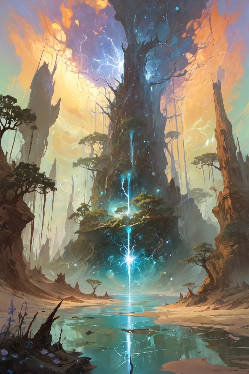 Landscape,Landscape creator,A Crack in Realityto other world,  A swamp where trees grow mirrored roots above ground petrified lightning bolts,  a pulsating white dwarf as daytime sun, Groves of lotus flowers floating in antigravity bubbles, solstices emitting gravitational sonar pulses, sand geysers erupting with crystallized soundwaves, Art painting by Peter Mohrbacher and Scott Robertson and Karol Bak, featured on Antonio J. Manzanedo,,
<lora:extremely_detailed:0.7> extremely detailed ,
<lora:add-detail-xl:0.7>,
 <lora:softdigital2x2:0.15>,
 <lora:EpicF4nta5yXL:0.3>,, Magic realism painting art style, surreal compositions, vibrant colors, blurs the line between reality and fantasy