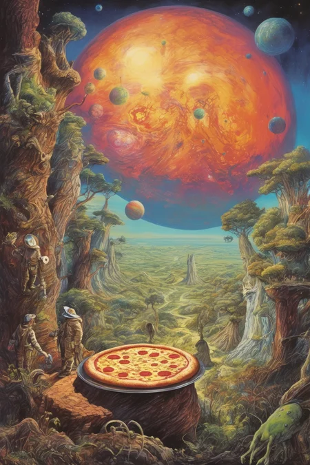 Josh Kirby Style - explorers, looking at a new and mysterious planet. Vibrant with colour and life. Gherkins and pizza. A true gem of the natural world.