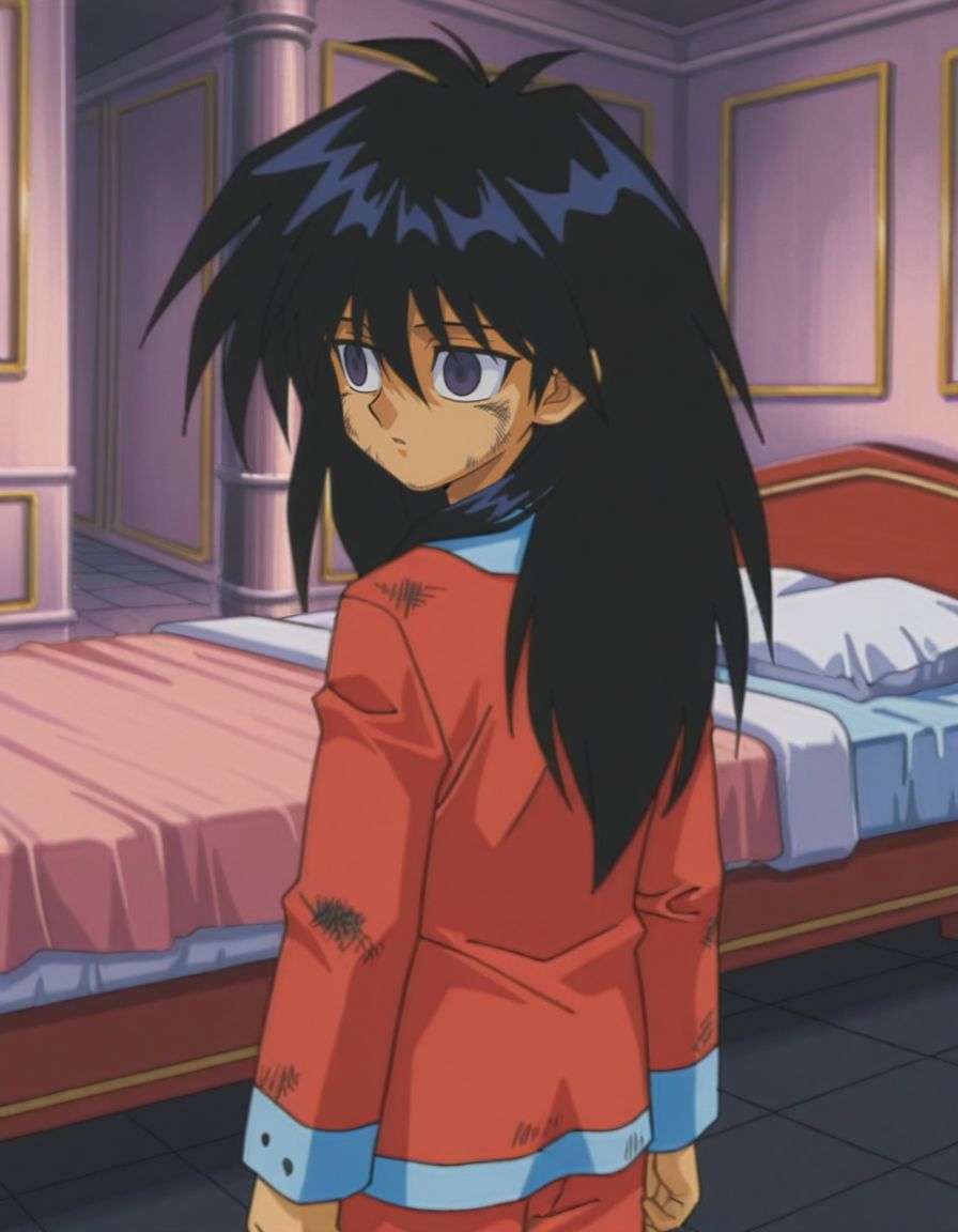 masterpiece, best quality, male focus, bedroom, (pajamas:1.2), solo,dirty, facing away, looking back, 
<lora:Mind_Controlled_Mokuba_1:0.9>, m0ku, 1boy, black hair, long hair, purple eyes, retro artsyle, 1990s (style), hair between eyes, male child, empty eyes,