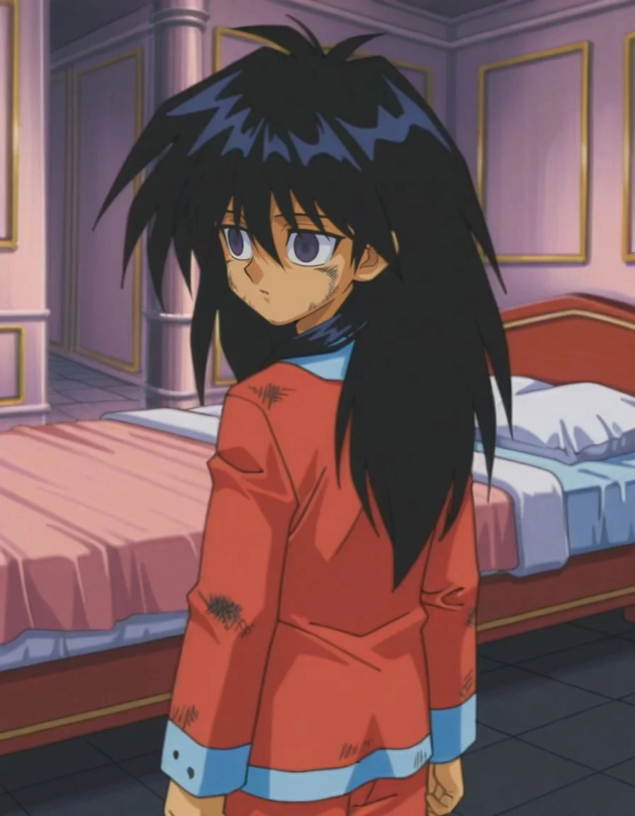 masterpiece, best quality, male focus, bedroom, (pajamas:1.2), solo,dirty, facing away, looking back,
<lora:Mind_Controlled_Mokuba_1:0.9>, m0ku, 1boy, black hair, long hair, purple eyes, retro artsyle, 1990s (style), hair between eyes, male child, empty eyes,