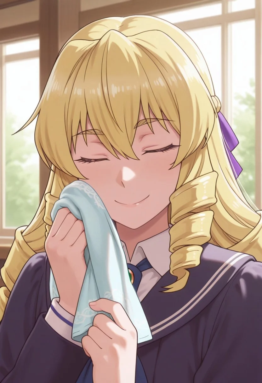 masterpiece,best quality,amazing quality, auvergne grace, long hair, blonde hair, 1girl, solo, closed eyes, drill hair, handkerchief, school uniform, smile