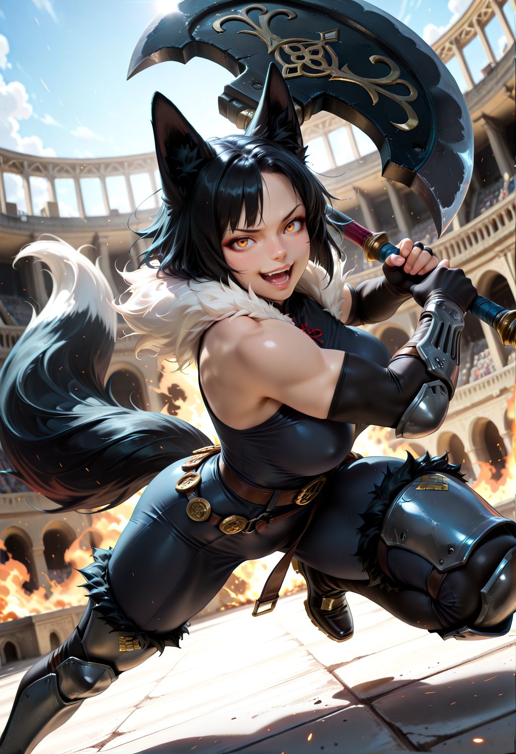 SmoothNoob_Quality, 1girl, solo, fox girl, fox ears, black hair, fur trim, muscular, black hair, metal plates, metal belt, dynamic pose, holding battle axe, two-handed, huge weapon, weapon over shoulder, midair, colosseum, blurry background, depth of field, wide-eyed, crazy expression, open mouth, incoming attack, looking at viewer, smug, floating embers, fire, foreshortening, cinematic angle, dutch angle, dynamic angle,