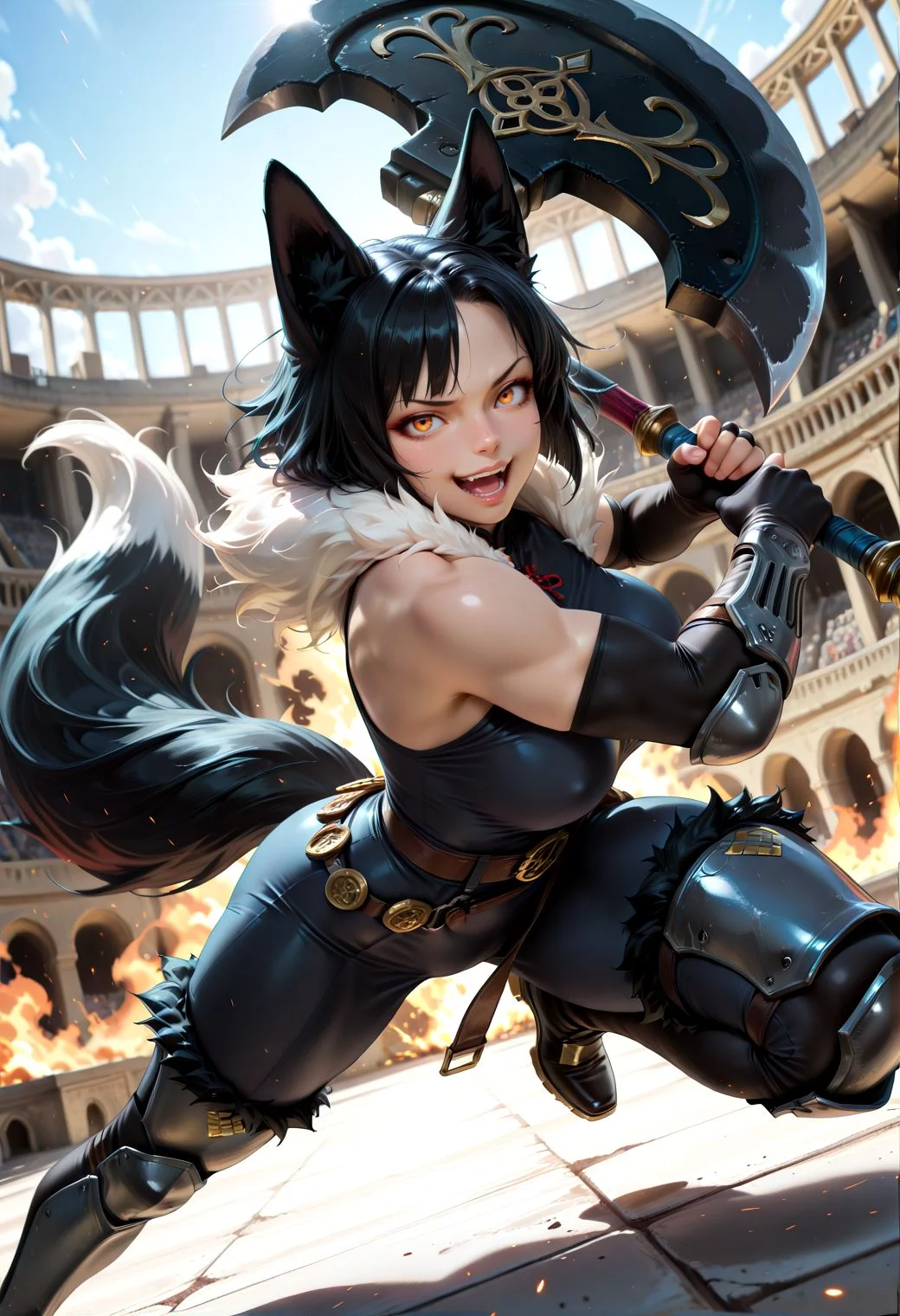 SmoothNoob_Quality, 1girl, solo, fox girl, fox ears, black hair, fur trim, muscular, black hair, metal plates, metal belt, dynamic pose, holding battle axe, two-handed, huge weapon, weapon over shoulder, midair, colosseum, blurry background, depth of field, wide-eyed, crazy expression, open mouth, incoming attack, looking at viewer, smug, floating embers, fire, foreshortening, cinematic angle, dutch angle, dynamic angle,