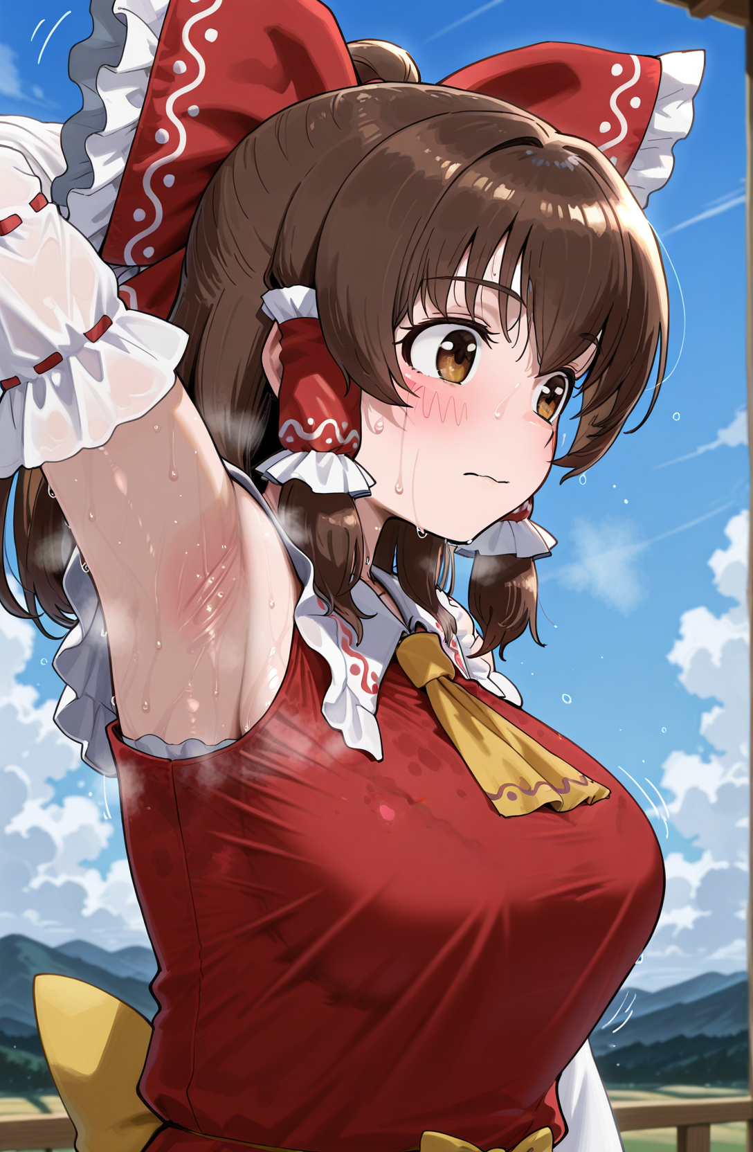 <lora:Kanna(Cookie)illustriousXL-10:1> kanna \(cookie\),brown hair, hair bow, hair tubes, brown eyes, red shirt,red bow, detached sleeves, blush, 1girl, yellow ascot, closed mouth, outdoors, upper body, frilled bow, solo, sky, arm up, looking to the side, frilled hair tubes, blue sky, bangs, day, sweaty clothes, cloud, wavy blush, sidelocks, hakurei reimu, yellow waist bow, yellow string belt, from side, armpits, sweat,embarrassed , BREAK masterpiece, best quality, amazing quality