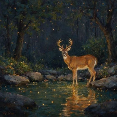 oilpainting,cpainting,Masterpiece,best quality,(very detailed CG unity 8k wallpaper),(best quality),(best illustration),(best shadows),glow sprite,with a glowing deer,in the swimming pool Drinking water,natural elements in the forest theme. Mysterious forest,beautiful forest,nature,surrounded by flowers,delicate leaves and branches surrounded by fireflies (natural elements),(jungle theme),(leaves),(twigs),(fireflies),(particle effects) etc. 3D,Octane rendering,ray tracing,super detailed,