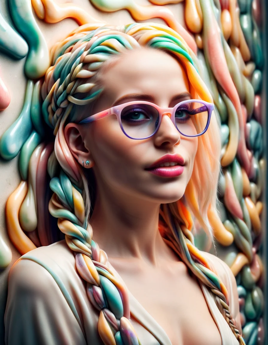 Light Projection,a portrait of a beautiful woman painted on wall with light,stunning beauty,soft light, pastel colors, muticolore hair, punk, line art,simple background, modernism, glowing lips, piercings, lips closed, light smile, masterpiece, natural style, braids, neon, detailled iris, rich woman, big glasses, nerd, ral-bubblegum <lora:ral-bubblegum-sdxl:1> ral-bubblegum landscape