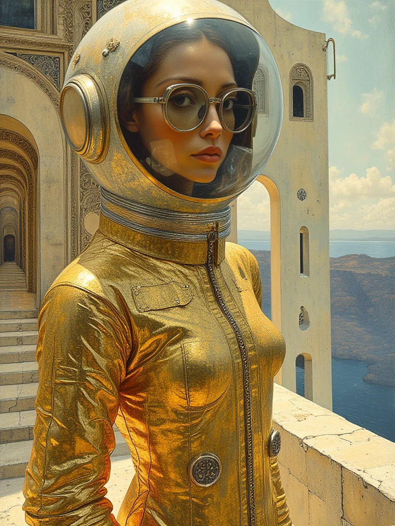 style of Jan Toorop,
Photography on Santorini planet, 60's gorgeous astronaut woman in a glittery transparent gold astronaut spacesuit wearing a large transparent plexiglass helmet and glasses, 80-degree view, art by Sergio Lopez, Natalie Shau, James Jean, and Salvador Dali.