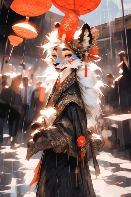 score_9, score_8_up, score_7_up, hi-res, wide angle, detailed background, highly detailed, photorealistic, hyper realism, hyper quality, portrait,,
bard dancing a waltz in an Asian palace ballroom,,
From dungeons and dragons: Vulpin, bipedal male red fox, anthropomorphic red fox, smooth fur, red fur, yellow eyes, ((white face paint, red geisha lipstick)), big toothy smile,,
wearing a fine (blue) kimono, adorned in diamond appliques, lens flare from diamonds, raining glitter,,
thin, lithe, short