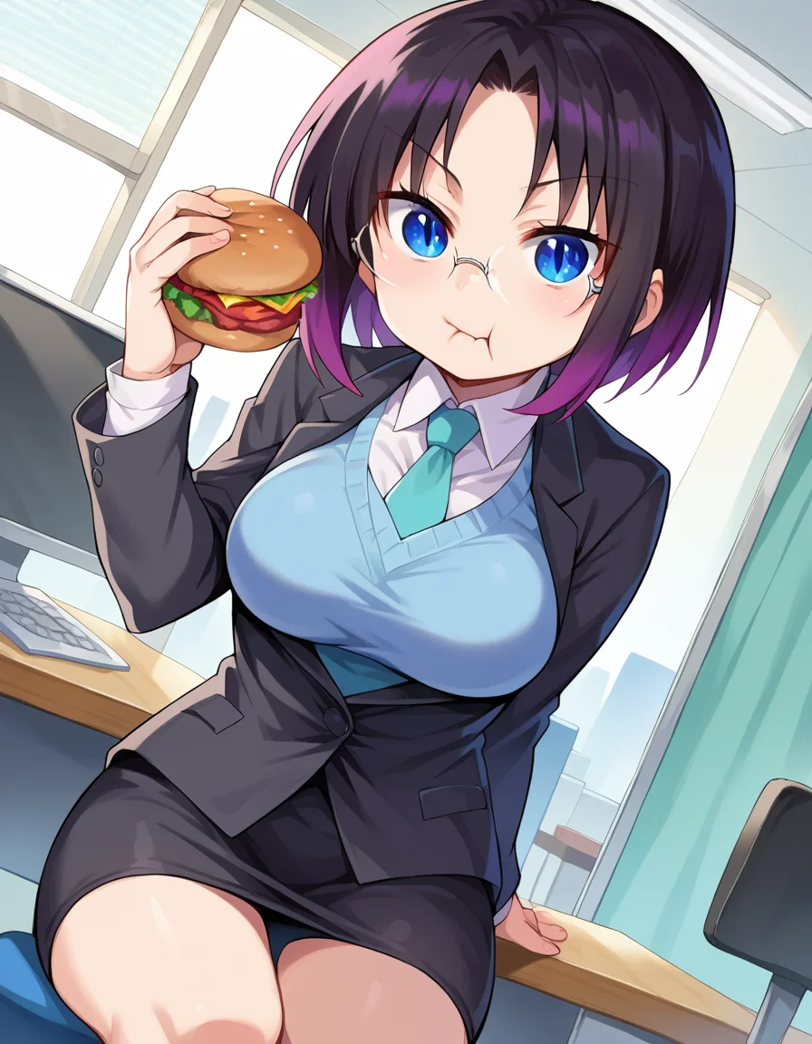 score_9, score_8_up, score_7_up, source_anime,
dragonelma, <lora:dragon-elma-ponyxl-lora-nochekaiser:1>,
elma, black hair, blue eyes, gradient hair, multicolored hair, purple hair, short hair, slit pupils,
necktie, glasses, formal, suit, office lady,
indoors, office, sitting, computer, chair, desk, eating, hamburger,
looking at viewer, dutch angle, cowboy shot, dynamic pose,