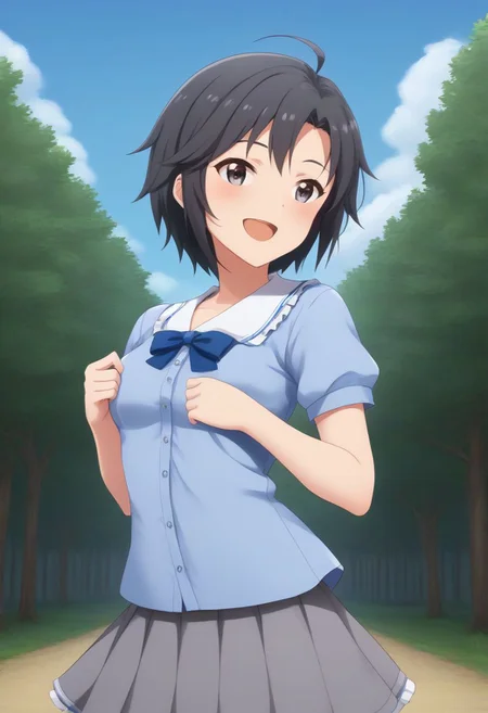 1girl, solo, kikuchi makoto, 
1girl, black hair, blue sky, blush, clothes lift, cloud, day, frills, grey eyes, mixed media, open mouth, shirt, short hair, short sleeves, skirt, skirt lift, sky, smile, solo, tree
masterpiece, best quality, very aesthetic, absurdres,